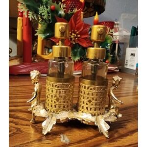 Vintage Art Nouveau Gold Filigree Cherub Perfume Vanity Tray W/ Perfume Bottles